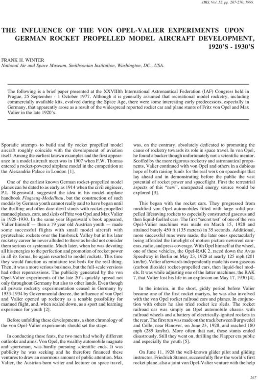 The Influence of the Von Opel-Valier Experiments Upon German Rocket-Propelled Model Aircraft Development, 1920's-1930's