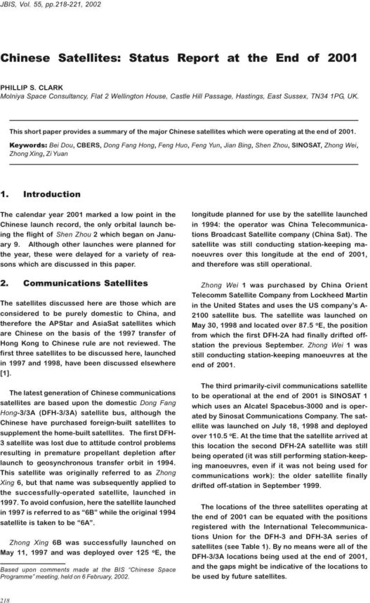 Chinese Satellites - Status Report at the End of 2001