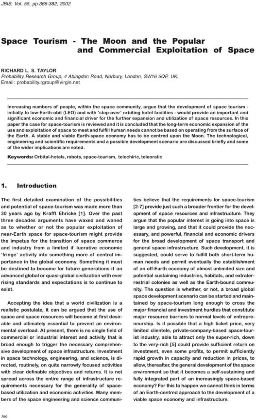 Space Tourism - The Moon and the Popular and Commercial Exploitation of Space