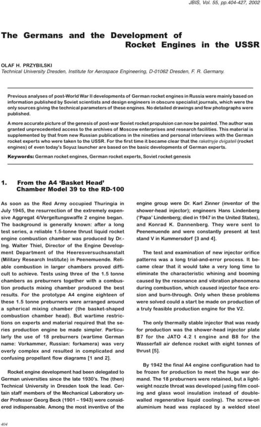 The Germans and the Development of Rocket Engines in the USSR