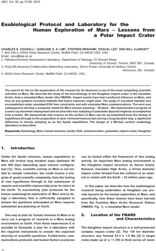 Exobiological Protocol and Laboratory for the Human Exploration of Mars - Lessons from a Polar Impact Crater