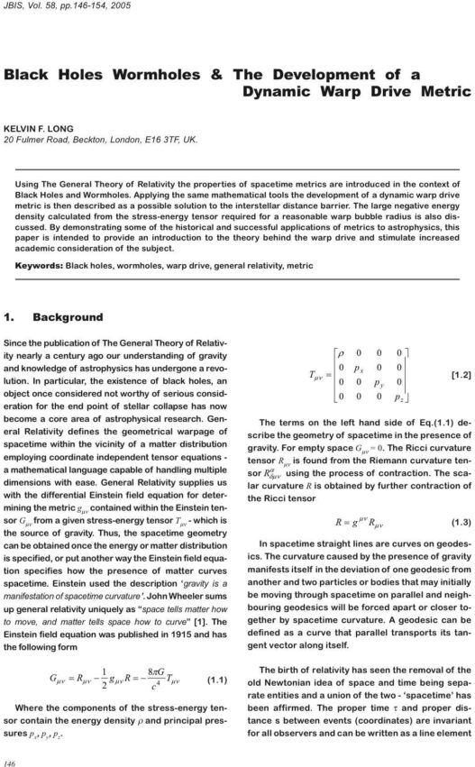 Black Holes Wormholes & the Development of a Dynamic Warp Drive Metric
