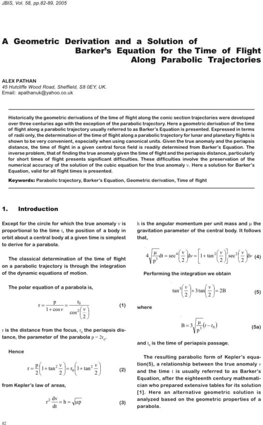 A Geometric Derivation and a Solution of Barkers Equation for the Time of Flight Along Parabolic Trajectories