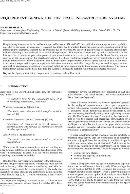 Requirement Generation for Space Infrastructure Systems