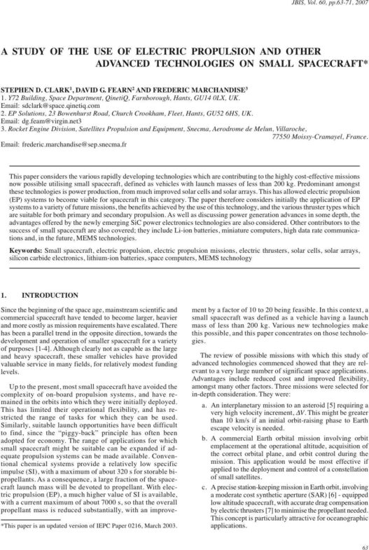 A Study of The Use of Electric Propulsion and Other Advanced Technologies on Small Spacecraft