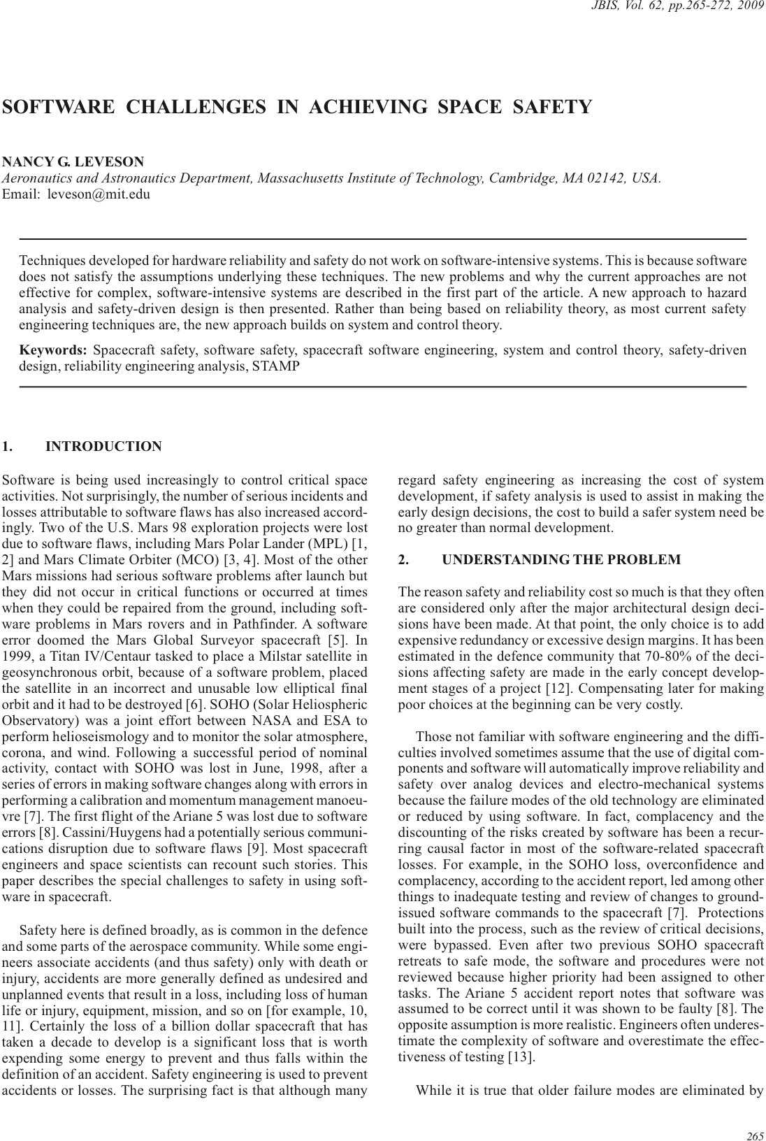 Software Challenges in Achieving Space Safety