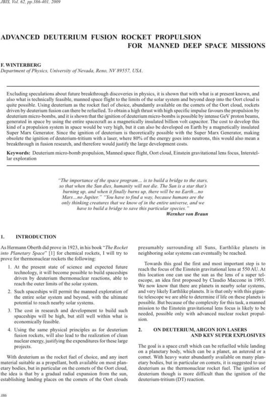 Advanced Deuterium Fusion Rocket Propulsion for Manned Deep Space Missions