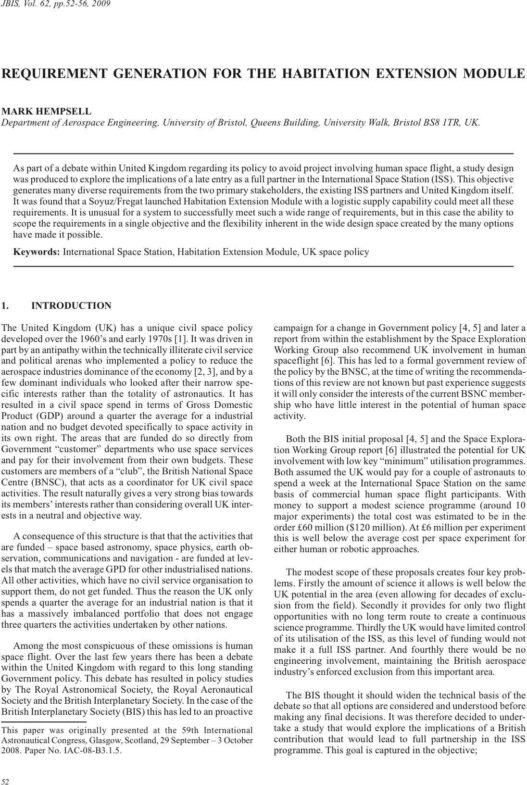 Requirement Generation For The Habitation Extension Module