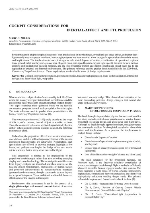 Cockpit Considerations for Inertial-Affect and FTL Propulsion