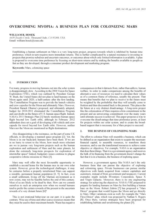 Overcoming Myopia: A Business Plan for Colonizing Mars