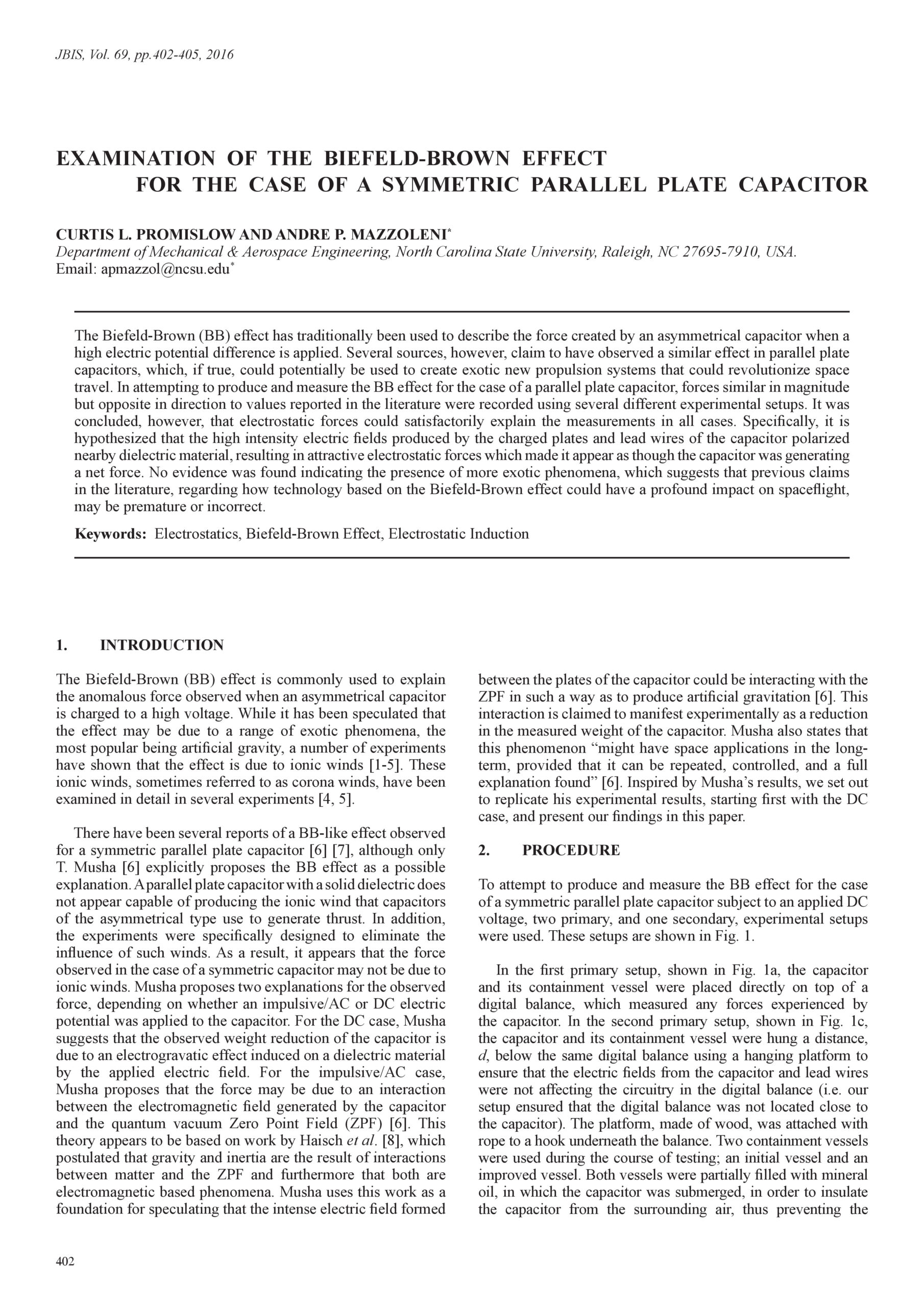 Examination of the Biefeld-Brown Effect for the Case of a Symmetric Parallel Plate Capacitor