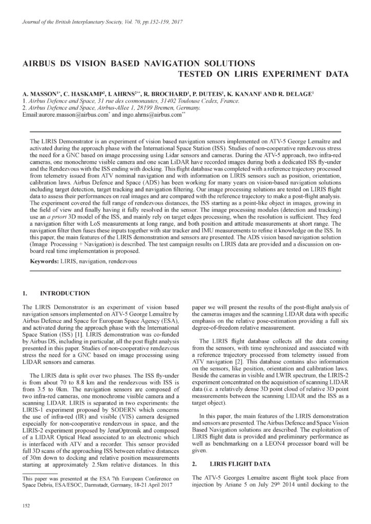 Airbus DS Vision Based Navigation Solutions Tested on LIRIS Experiment ...