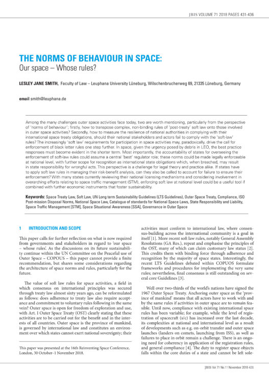 The Norms of Behaviour in Space: Our Space - Whose Rules?