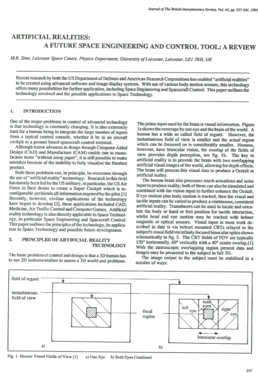 Artificial Realities: A Future Space Engineering And Control Tool: A Review