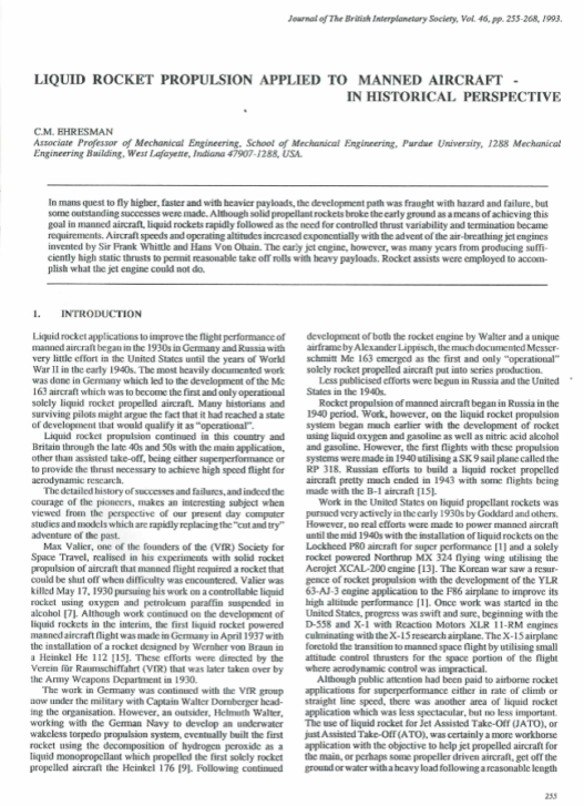 Liquid Rocket Propulsion Applied To Manned Aircraft - In Historical Perspective