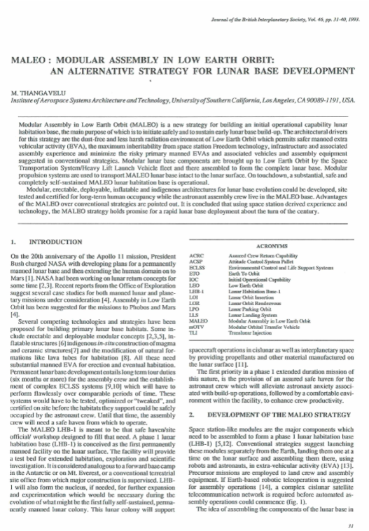 Maleo: Modular Assembly In Low Earth Orbit: An Alternative Strategy For Lunar Base Development
