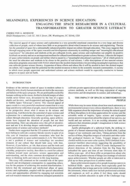 Meaningful Experiences In Science Education: Engaging The Space Researcher In A Cultural Transformation To Greater Science Literacy