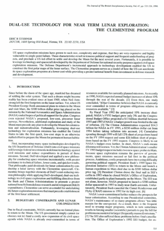 Dual-Use Technology For Near Term Lunar Exploration: The Clementine Program