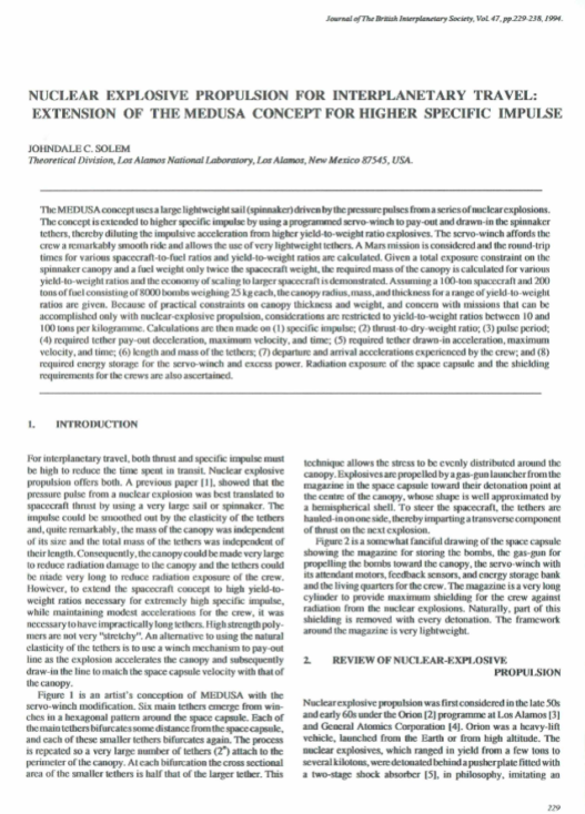 Nuclear Explosive Propulsion For Interplanetary Travel: Extension Of The Medusa Concept For Higher Specific Impulse