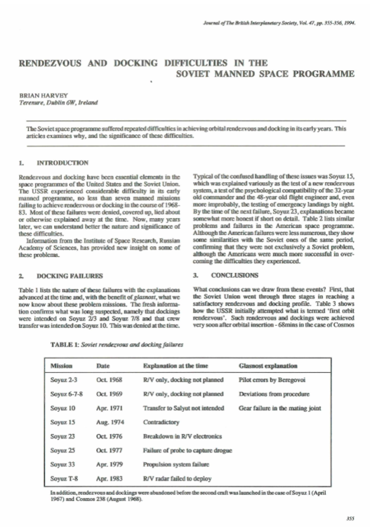 Rendevouz And Docking Difficulties In The Soviet Manned Space Programme