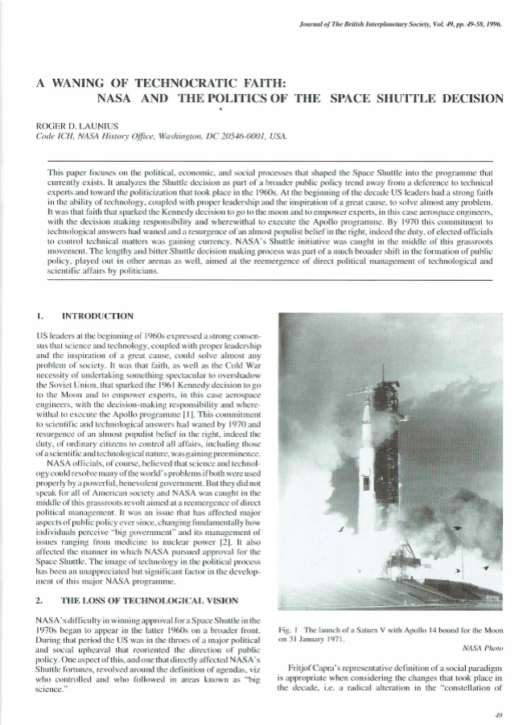 A Waning Of Technocratic Faith: NASA And The Politics Of The Space Shuttle Decision