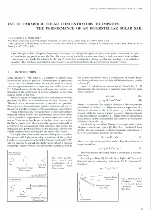 Use Of Parabolic Solar Concentrators To Improve The Performance Of An Interstellar Solar Sail