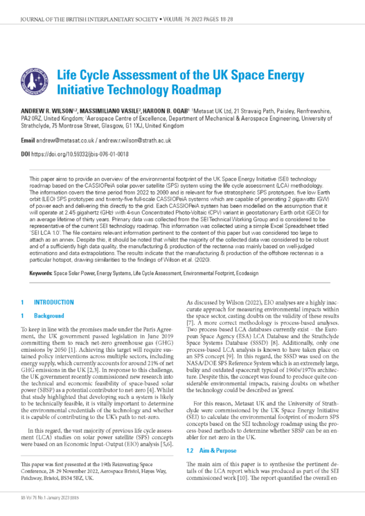 Life Cycle Assessment of the UK Space Energy Initiative Technology Roadmap