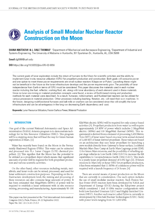 Analysis of Small Modular Nuclear Reactor Construction on the Moon