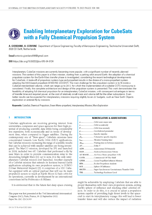 Enabling Interplanetary Exploration for CubeSats with a Fully Chemical Propulsion System
