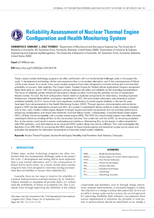 Reliability Assessment of Nuclear Thermal Engine Configuration and Health Monitoring System