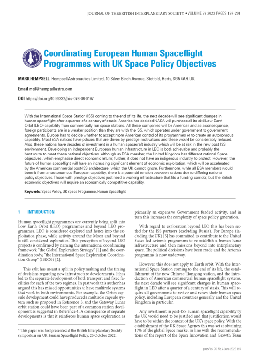 Coordinating European Human Spaceflight Programmes with UK Space Policy Objectives