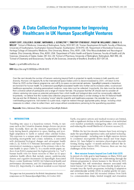 A Data Collection Programme for Improving Healthcare in UK Human Spaceflight Ventures