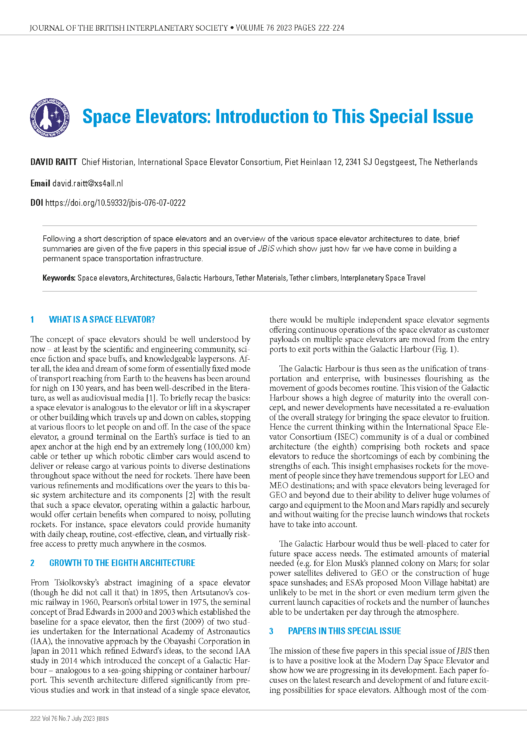 Space Elevators: Introduction to This Special Issue