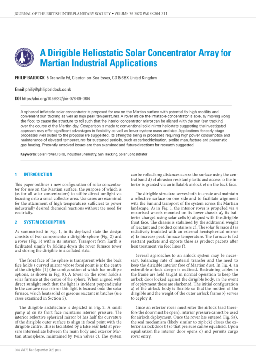 A Dirigible Heliostatic Solar Concentrator Array for Martian Industrial Applications