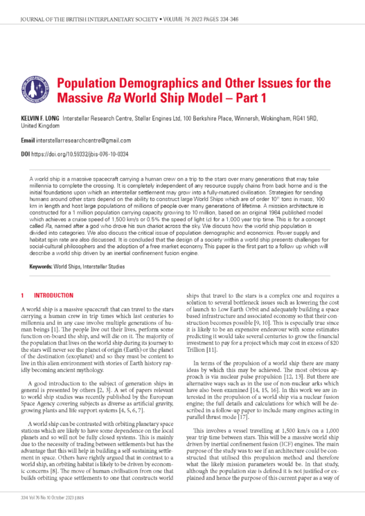 Population Demographics and Other Issues for the Massive Ra World Ship Model – Part 1