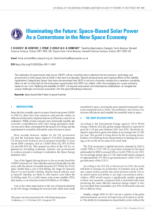 Illuminating the Future: Space-Based Solar Power As a Cornerstone in the New Space Economy
