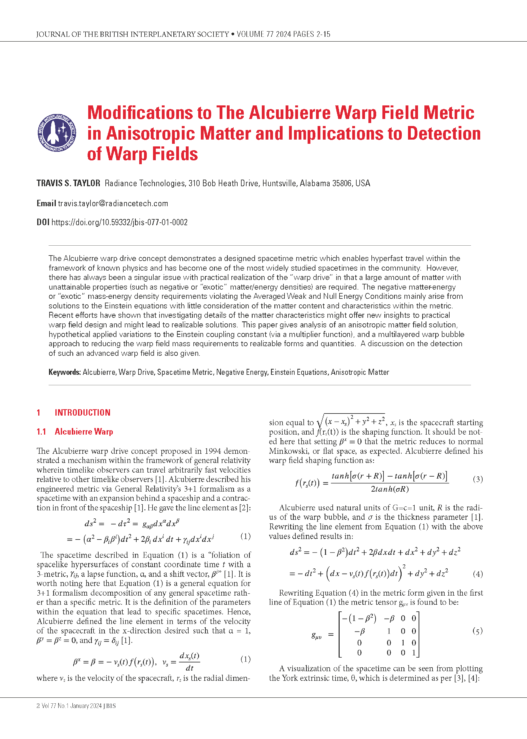 Modifications to The Alcubierre Warp Field Metric in Anisotropic Matter and Implications to Detection of Warp Fields