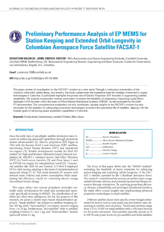 Preliminary Performance Analysis of EP MEMS for Station Keeping and Extended Orbit Longevity in Colombian Aerospace Force Satellite FACSAT-1
