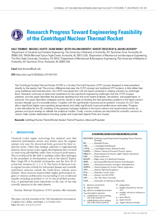 Research Progress Toward Engineering Feasibility of the Centrifugal Nuclear Thermal Rocket