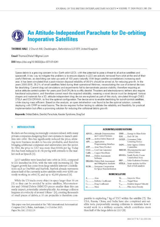 An Attitude-Independent Parachute for De-orbiting Inoperative Satellites