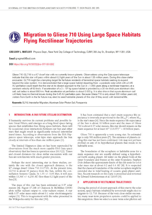 Migration to Gliese 710 Using Large Space Habitats Flying Rectilinear Trajectories
