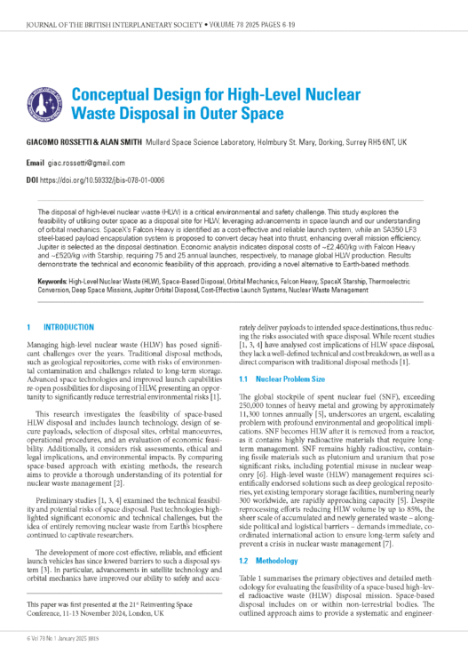 Conceptual Design for High-Level Nuclear Waste Disposal in Outer Space