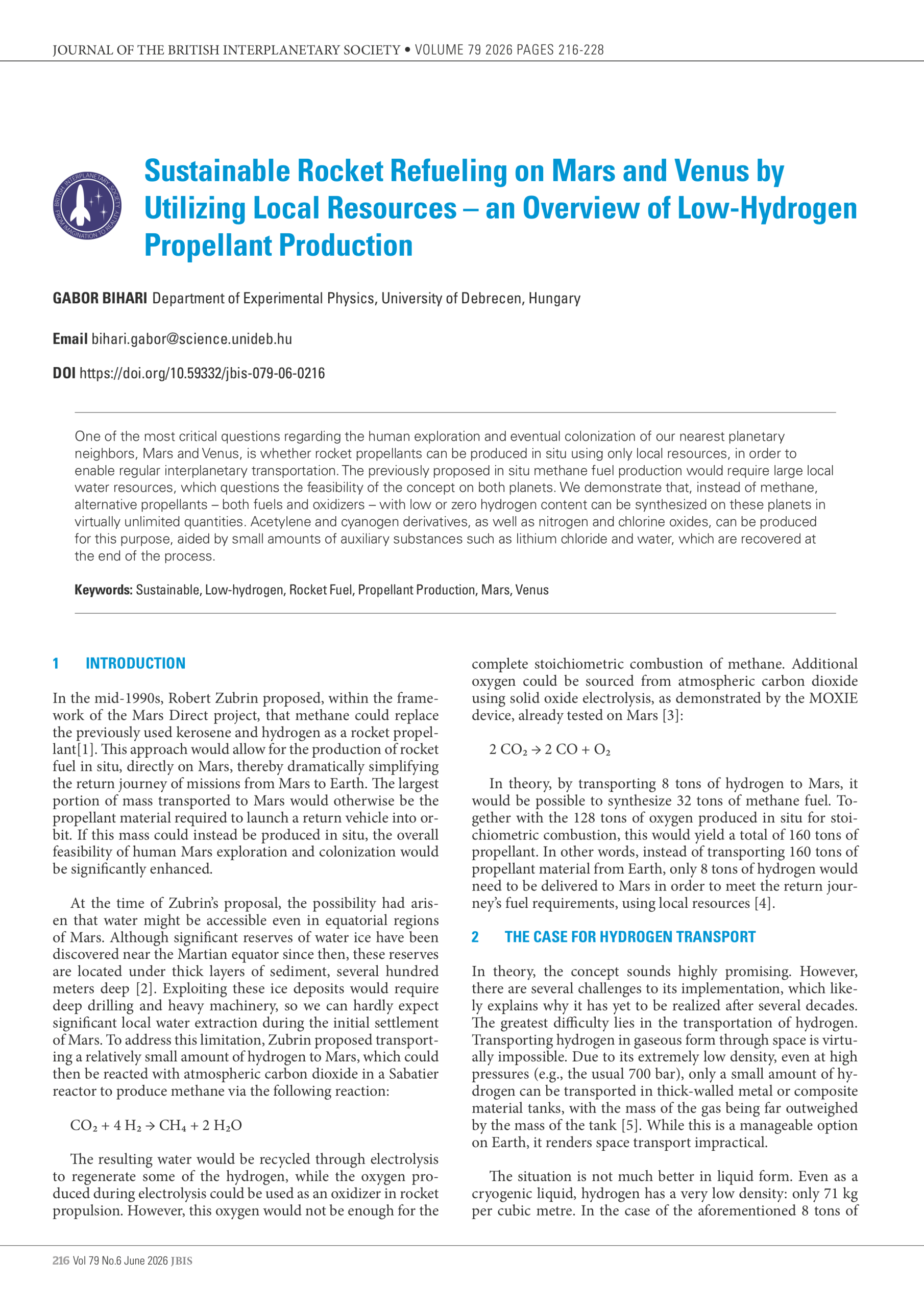 Sustainable Rocket Refueling on Mars and Venus by Utilizing Local Resources – an Overview of Low-Hydrogen Propellant Production